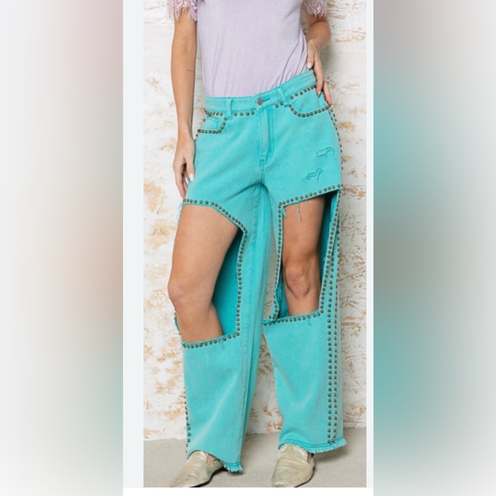 POL Turquoise Studded Cutout Jeans Medium Boho Festival Western Statement
